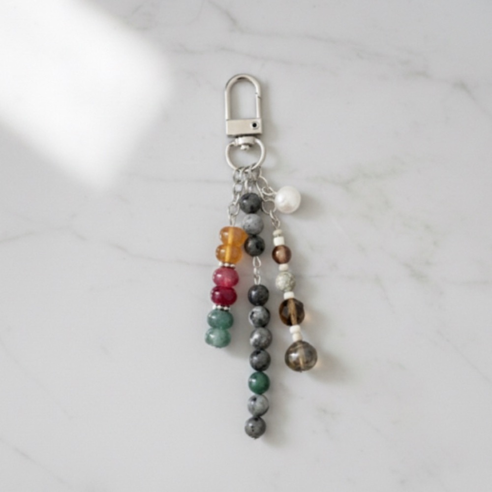Wanderlust Natural Stone & Glass Bead Bag Charm Keychain with Real Pearl Detail